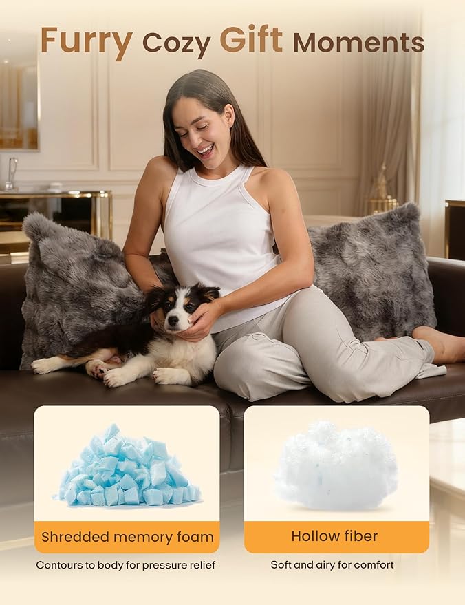 ZonLi Fluffy Faux Rabbit Fur Grey Body Pillow, Side Sleep Body Pillow with Washable Cover, Adjustable Memory Foam Fill，20x54 Long Pillow for Adults Girls & Kids