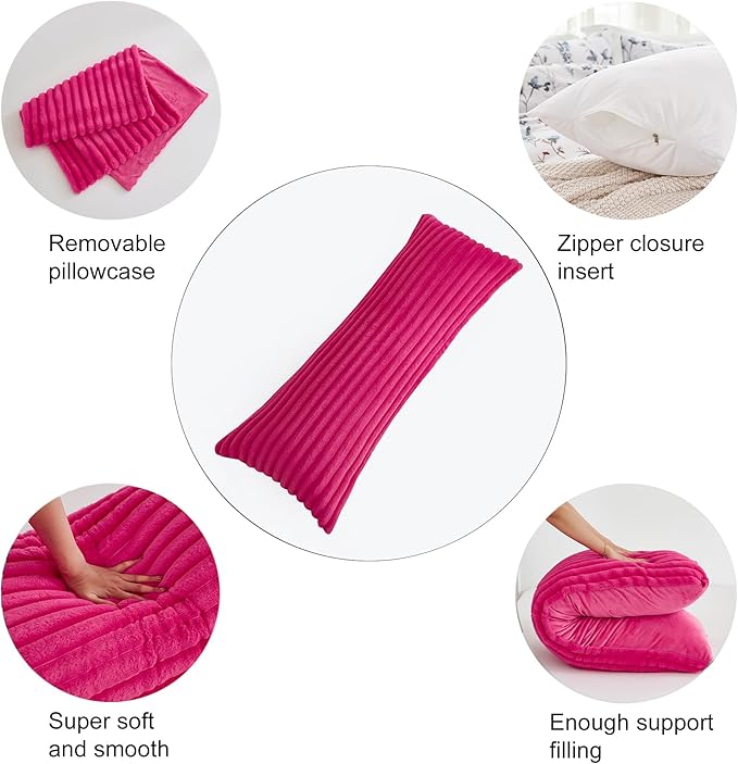 Full Body Pillow with Fluffy Stripe Faux Fur Removable Cover, Long Bed Pillow Adult 20x54 Inches for Side Sleeper and Pregnancy, Hot Pink.