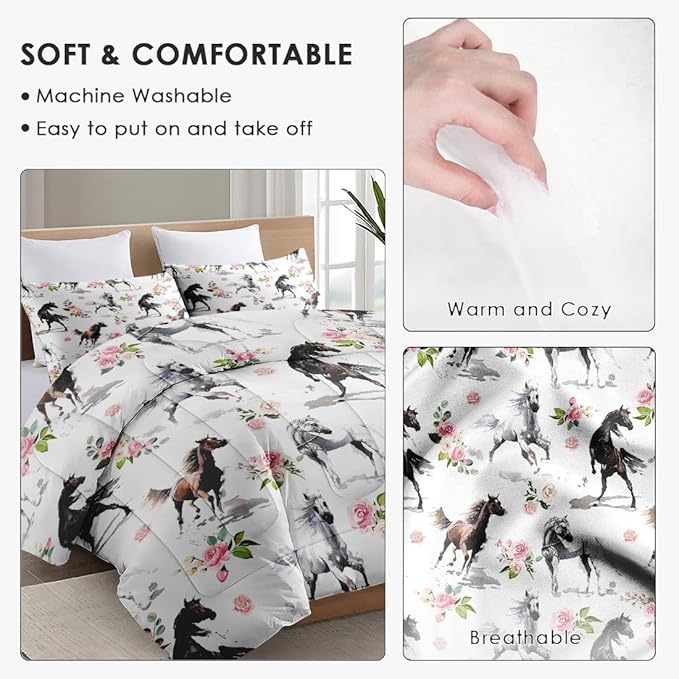 King Size Comforter Set with 2 Pillowcase, Horses Soft 3 Pcs Bedding for Kids and Adults, Pink Rose Flower Comforter Set for Room Bedroom Bed Decor