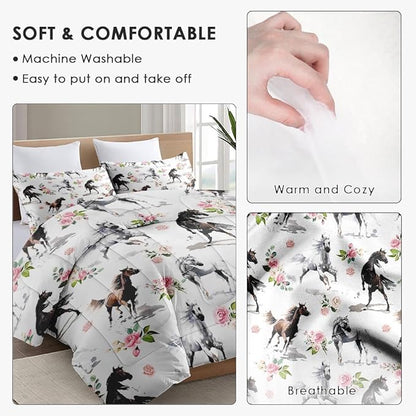 King Size Comforter Set with 2 Pillowcase, Horses Soft 3 Pcs Bedding for Kids and Adults, Pink Rose Flower Comforter Set for Room Bedroom Bed Decor