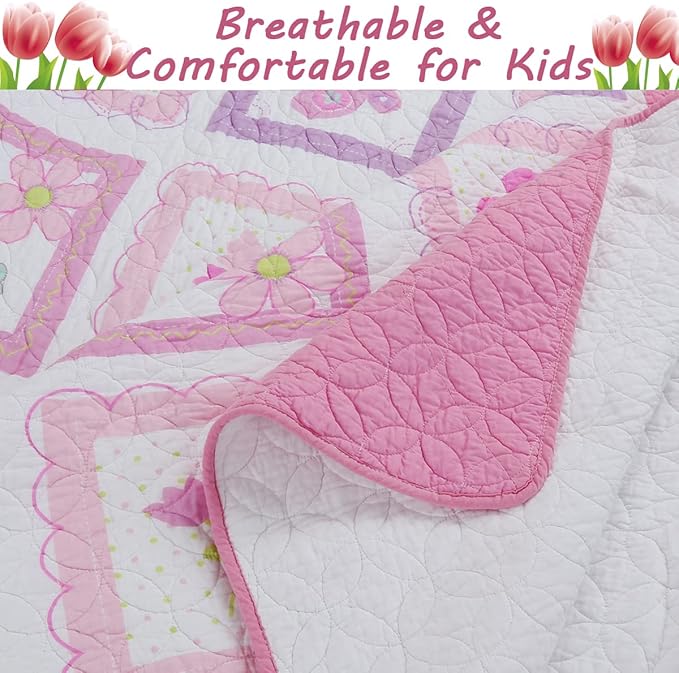 Cozy Line Home Fashions 100% Cotton Pink Floral Print Girl Reversible Quilt Bedding Set, All Season Lightweight Coverlet, Bedspread (Butterfly Tulip, Twin-2 Piece)
