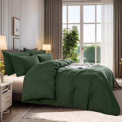 NEXHOME PRO Duvet Cover Set 100% Washed Cotton Full Size Linen Feel Textured Organic Natural 3 Pieces Bedding Set with Zipper Closure and Corner Ties, Breathable, Soft (Forest Green, No Comforter)