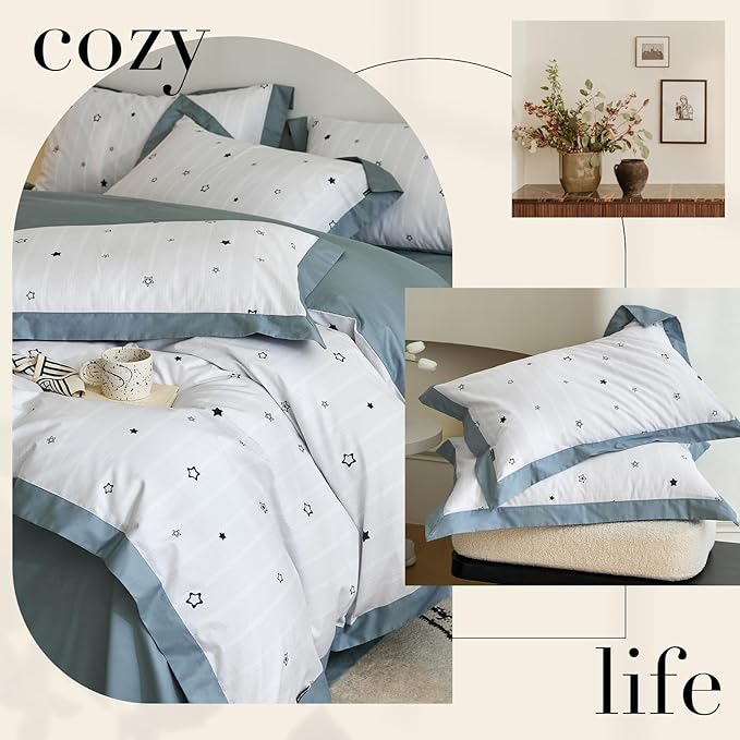 AOJIM Cute Kids Bedding Duvet Cover Set with Star Patterns for Girls and Boys, Reversible Pure Cotton Comforter Cover and 2 Matching Pillowcases, Super Soft Bed Quilt Cover for Room Decor, Queen Size
