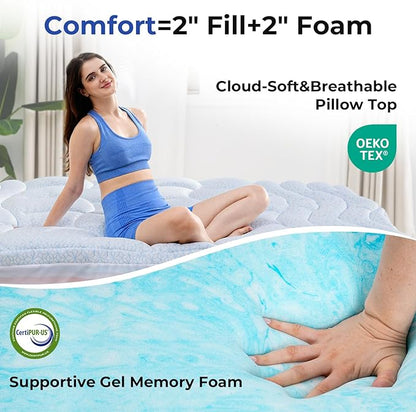 Dual Layer 4 Inch Cooling Memory Foam Mattress Topper Twin Size, 2 Inch Thick Soft Quilted Ice Silk Pillow Top Cover Plus 2 Inch Gel Memory Foam Mattress Pad for Back Pain Relief