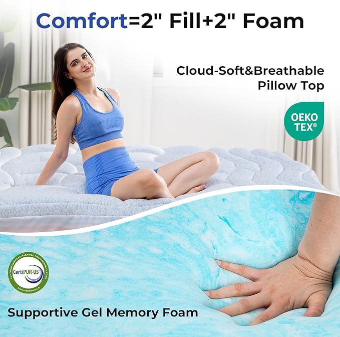 Dual Layer 4 Inch Cooling Memory Foam Mattress Topper Queen Size, 2 Inch Thick Soft Quilted Ice Silk Pillow Top Cover Plus 2 Inch Gel Memory Foam Mattress Pad for Back Pain Relief