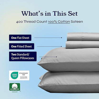 California Design Den Queen Sheets Set - Soft 400 Thread Count Sateen, Natural 100% Cotton Sheets, Deep Pockets with All Around Elastic for a Snug Fit, Durable Bedding Set - Light Grey
