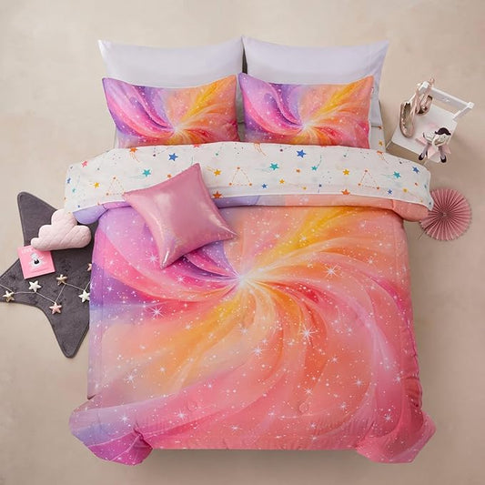 A Nice Night 6Pcs Swirling Stars Gradient Glitter Comforter Set for Girls Full Size, Colorful Rainbow Galaxy Comforter Set, Ultra Soft Bedding Sets (Purple-Pink, Full 6Pcs)