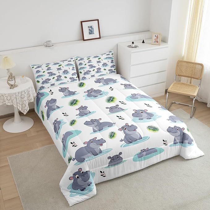 Cartoon Hippo Kids Comforter Set Queen Size 3 Pcs Cute Wild Animal Rustic Style Bedding Set for Boys Girls Teens Blue Water Green Leaves Hippie Quilted Comforter with 2 Pillowcases