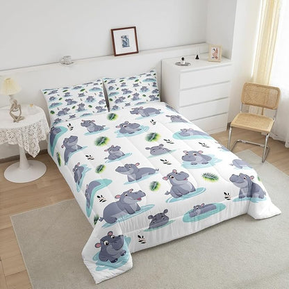 Cartoon Hippo Kids Comforter Set Twin Size 2 Pcs Cute Wild Animal Rustic Style Bedding Set for Boys Girls Teens Blue Water Green Leaves Hippie Microfiber Duvet Set with 1 Pillowcase