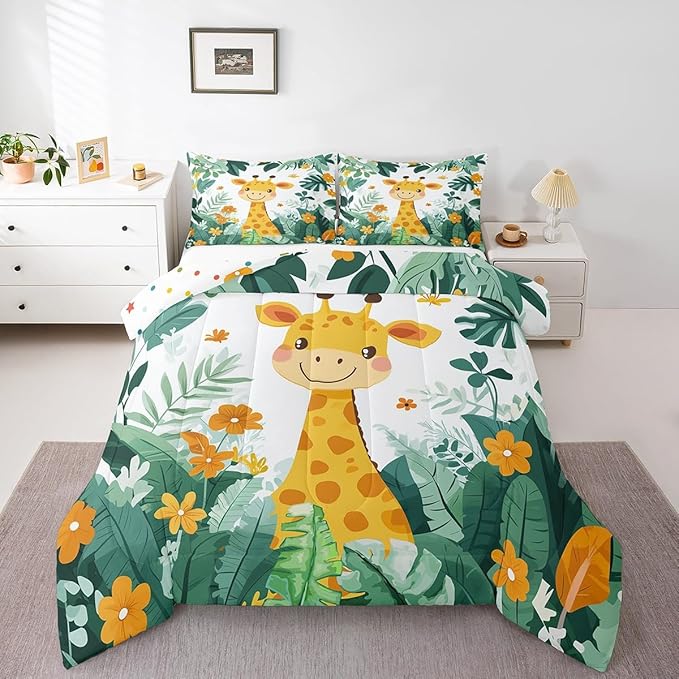 Castle Fairy Giraffe Comforter Set Toddler Size Cartoon Jungle Animal Bedding Set Bedroom Decor Tropical Palm Leaves Flower Quilt Set for Kids Boys Girls Cute Giraffe Duvet Insert 2Pcs