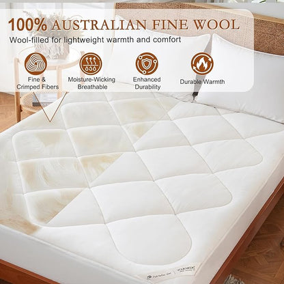YOUR MOON Natural Wool Mattress Pad Full Size – 500GSM Organic Australian Wool Mattress Topper, Quilted Fitted Mattress Bed Cover with 16" Deep Pocket, Hypoallergenic Cotton Cover (White)