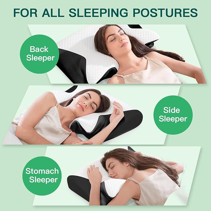 Memory Foam Cervical Pillow, 2-in-1 Ergonomic Neck Support Pillow with Armrest & Ear Hole, Contour Orthopedic Bed Pillow for Pain Relief, Adjustable Height for Side, Back & Stomach Sleepers
