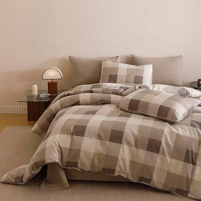 Wellboo Beige Plaid Comforter Sets Full Size Light Brown and Taupe Checkered Bedding Comforters Modern Khaki Grid Quilt Blankets Women Men Beige Checkerboard Bedding Soft Luxurious Geometric Bed
