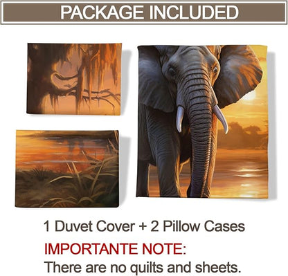 African Elephant Duvet Cover Queen Size, Sunset Wade Elephant Bedding Set 3 Piece Bedroom Decor Tropical Wildlife Patterned Comforter Cover with Zipper Ties & 2 Pillowcases