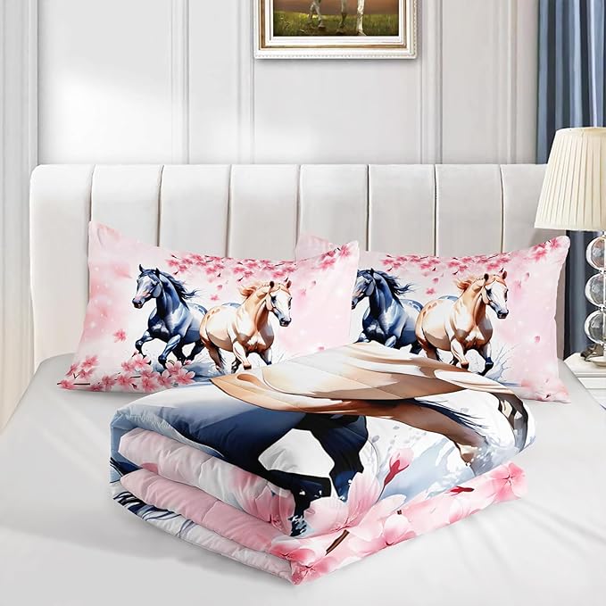 Horse Comforter Set Kids Bedding King Size,Pink Cherry Blossom Bedding Set for Girls Boys Teens Bedroom Decor Aesthetic,Galloping Horse Bedding Comforter Sets with 2 Pillowcases.