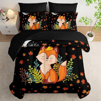 Cartoon Fox Comforter Set 7Pcs Cute Fox Bedding Set for Kid Boy Girl Adult Moon Plants Leaves Printed Quilt Set Full with 2 Sheets,2 Pillowcases,2 Throw Pillow Covers