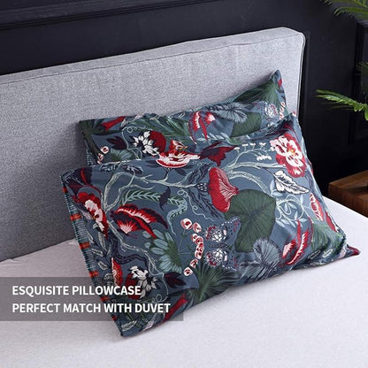 Floral Duvet Cover King Size Striped Green Botanical Bedding Set with Red Flower 3 Pieces Palm Leaf Soft Microfiber Reversible Duvet Cover Set for Men Women