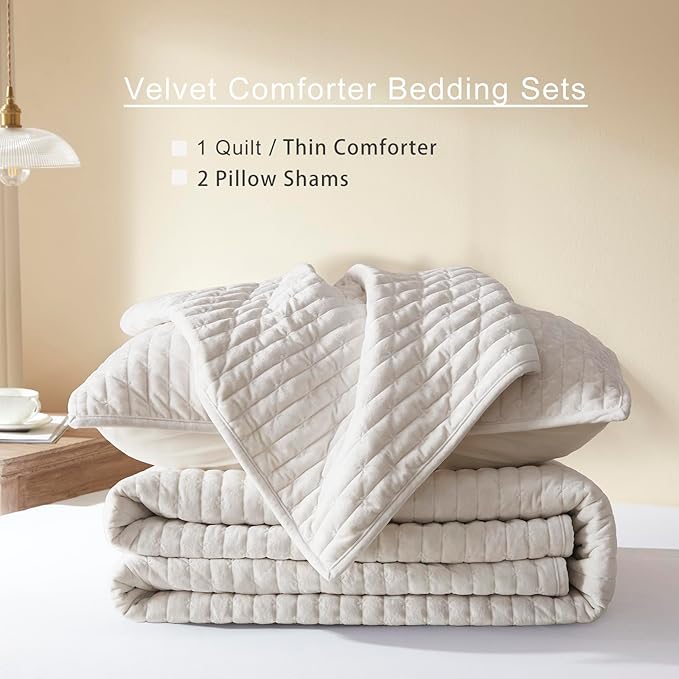 LEAONME Velvet Quilt Set Full/Queen Size 90''x98'', Lightweight White Velvet Comforter Set with 2 Matching Shams, Soft Cross Stitch Bedspread Coverlet Bedding Set for All Season