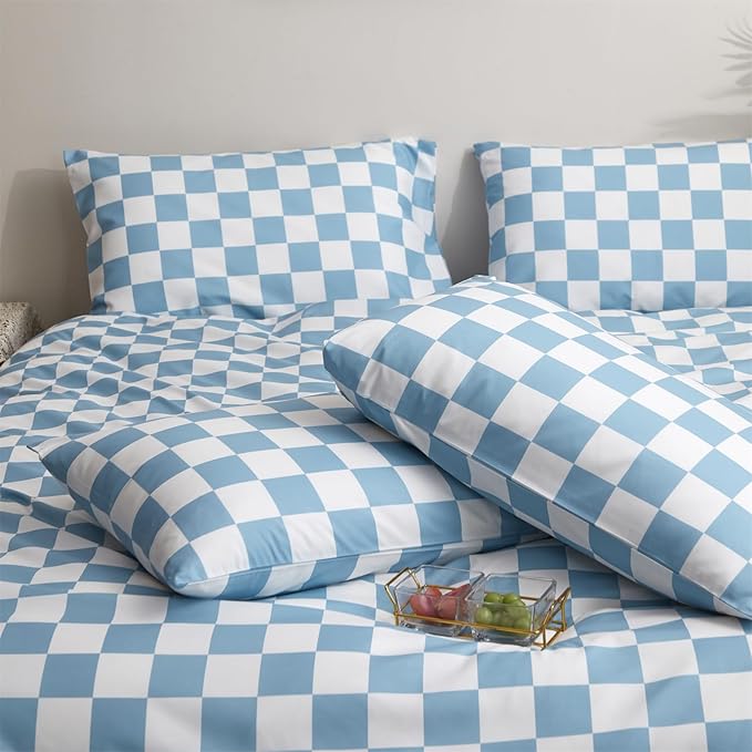 Wellboo Blue White Plaid Comforter Sets Twin Women Men Light Blue and White Checkerboard Grid Bedding Comforters Cotton Boys Girls Modern Dusty Blue Checkered Geometric Quilts Luxury Sky Blue Bed