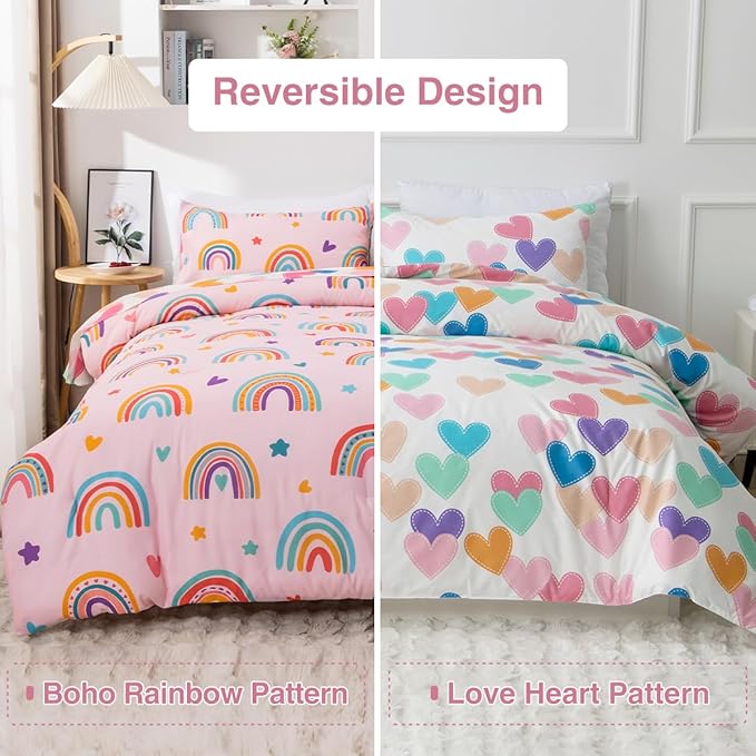 Holawakaka Boho Rainbow Twin Comforter Set with Sheets, 5-Piece Bohemian Love Heart Star Bedding Set for Girls & Women -Super Soft Microfiber Kids Teen-Girls Twin Size Blush Reversible Bed-in-a-Bag