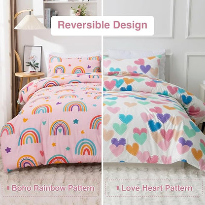 Holawakaka Boho Rainbow Twin Comforter Set with Sheets, 5-Piece Bohemian Love Heart Star Bedding Set for Girls & Women -Super Soft Microfiber Kids Teen-Girls Twin Size Blush Reversible Bed-in-a-Bag
