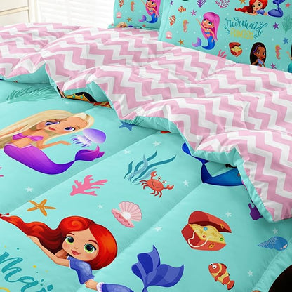 Kids Twin Comforter Set with Sheets for Girls 5-Piece Complete Set Easy-Wash Super Soft Microfiber Comforter Bedding, Mermaid Bed Set Twin Size