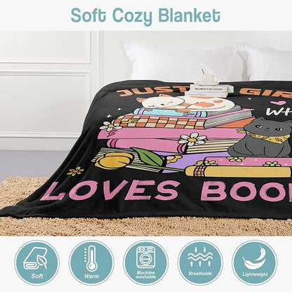 Cat Lover Blanket, Just A Girl Who Loves Books Blanket, Soft Warm Cozy Fleece Throw, Gifts for Girls Women Kids, 60"x80", Black