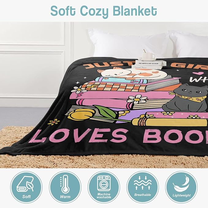 Cat Lover Blanket, Just A Girl Who Loves Books Blanket, Soft Warm Cozy Fleece Throw, Gifts for Girls Women Kids, 40"x50", Black