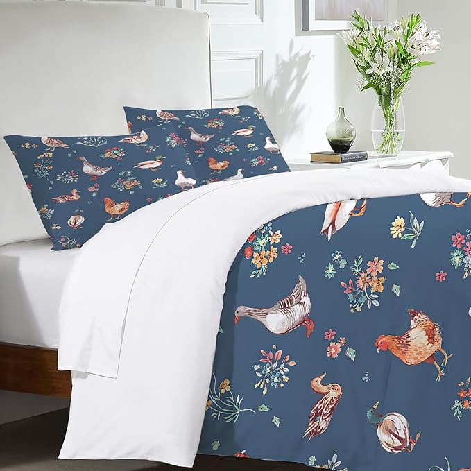 Chicken Duck Goose Theme 3 Pieces Duvet Cover Comforter Set with 2 Pillowcase Full Size Farm Animal Bed Sheet Quilt Bedroom Bedding for Lover Kids