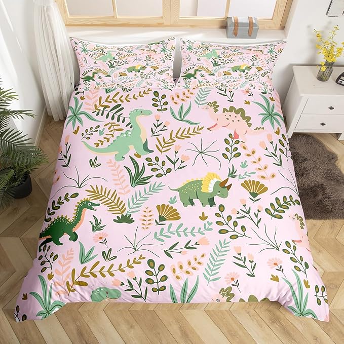 Kawaii Dino Kids Duvet Cover Set King Size,Cute Pink Green Dinosaur Reversible Print Bedding Set for All Season,Cartoon Wildlife Floral Leaves Plant Polyester Quilt Cover (NOT Comforter)