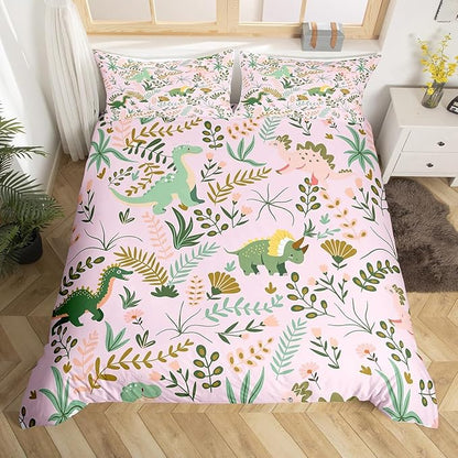Cute Dino Kids Duvet Cover Set Queen Size,Kawaii Pink Green Dinosaur Polyester Bedding Set for Women Adult,Cartoon Wildlife Floral Leaves Plant Reversible Quilt Cover, 2 Pillowcases (NOT Comforter)