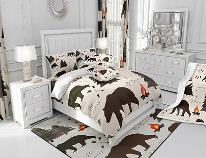 Happy Camping Bedding Set Full Size,Hunt Bear Pine Trees Comforter Set for Kids Boys Girls Cabin Room Decor,Cartoon Campfire Arrow Stars Moon Quilt Set Adventure Duvet Insert Brown 3Pcs