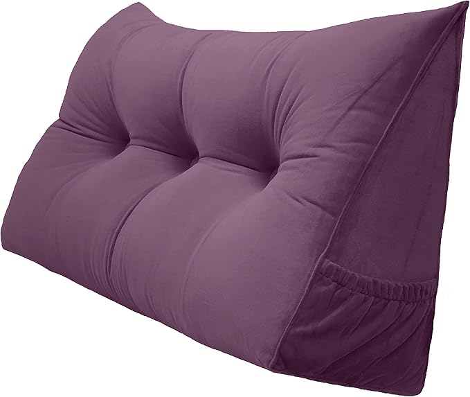 Triangular Reading Bed Rest Pillow Large Bolster Cushion Headboard Backrest Wedge Pillow with Removable Cover and Two Large Side Pockets (Dark Purple, 47 x 8 x 20 inches)