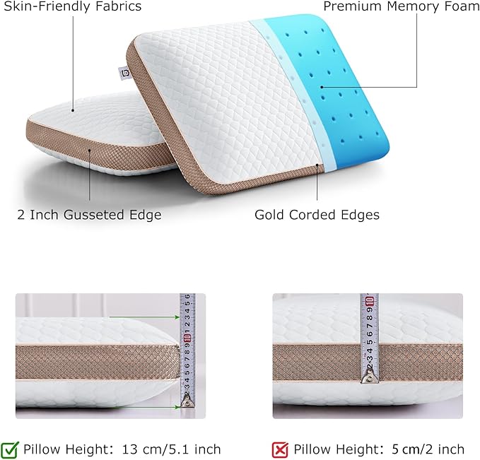 Memory Foam Pillows Standard Size 23.6" x 15.7"x 5.1", Medium Firm Pillow for Sleeping, Orthopedic Bed Pillow for All Sleepers, Ventilated Gel Foam Pillow with Washable Cover