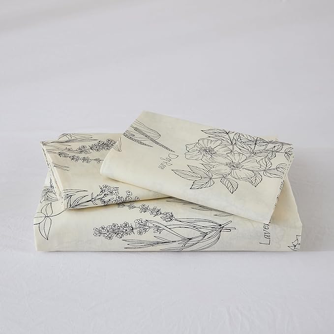 Cozeline 100% Cotton Duvet Cover Queen Size, Vintage Design with Luxrious Black Sketched Flowers & Leaves on Cream, 3 Pcs Breathable and Soft Duvet Cover for All Season