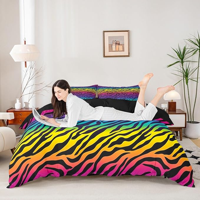 Rainbow Zebra Print Kdis Duvet Cover Set Full Size, Wildlife African Animal Pattern Bedding Set with 2 Pillowcases, Geometric Stripes Design Bed Quilt Cover for Girls Teens Xmas Gifts, (No Comforter)