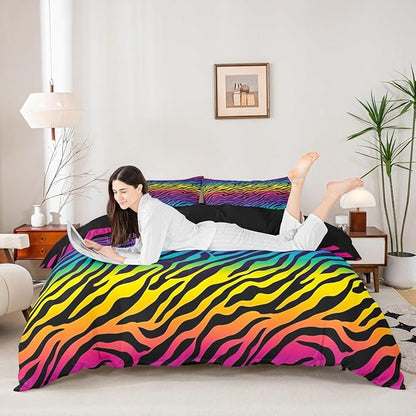 Rainbow Zebra Print Kdis Duvet Cover Set Full Size, Wildlife African Animal Pattern Bedding Set with 2 Pillowcases, Geometric Stripes Design Bed Quilt Cover for Girls Teens Xmas Gifts, (No Comforter)