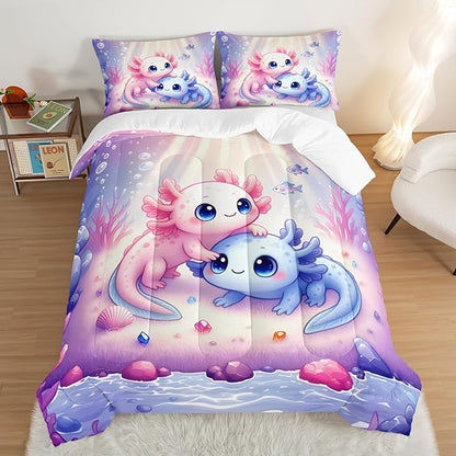 Cute Axolotl Bedding Set Twin Size,Color Underwater World Pattern Toddler Bed Comforter Set,Kawaii Ocean Life Bedding Sets for Kids Girls Room Decor with 2 Pillowcases.