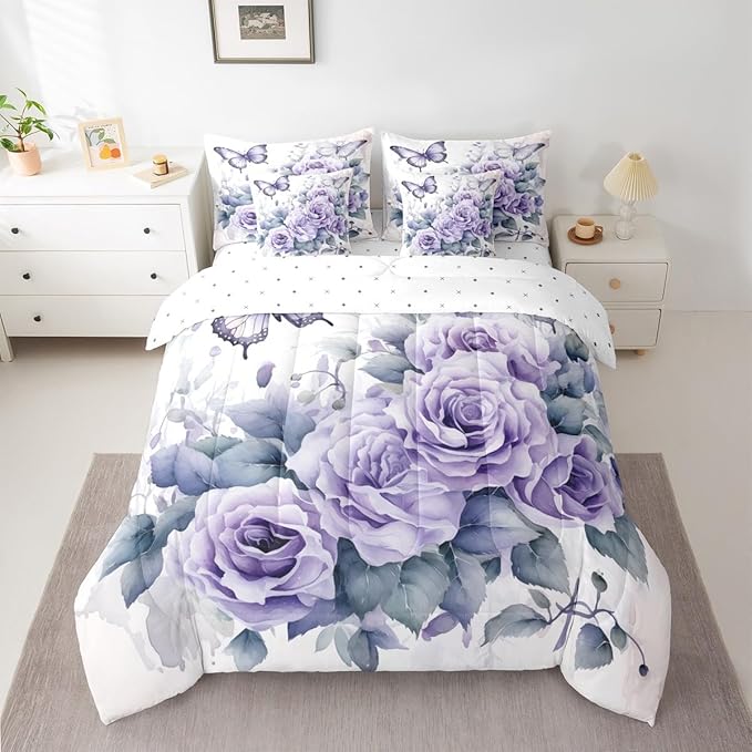 Feelyou Light Purple Rose 7 Piece Bedding Set King Size Butterfly Comforter Set with Sheets for Women Girls Teens Floral Flower Bed in a Bag Romantic Bed Set