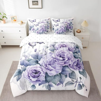Feelyou Light Purple Rose 7 Piece Bedding Set King Size Butterfly Comforter Set with Sheets for Women Girls Teens Floral Flower Bed in a Bag Romantic Bed Set