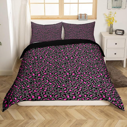 Leopard Print Duvet Cover Set King Size,Wild African Cheetah Animal Comforter Cover with 2 Pillowcases Bedspread,Pink and Grey Fur Microfiber Quilt Cover for Adult Women, 3 Pieces