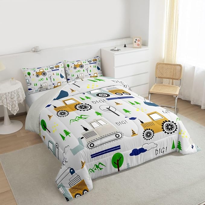 Feelyou Construction Comforter Set Toddler Size Equipment Trucks Bedding Set for Kids Boys Construction Vehicles Duvet Quilt Excavator Tractor Bedroom Decor Cartoon Car Grey2 Pcs with 1 Pillow Cases