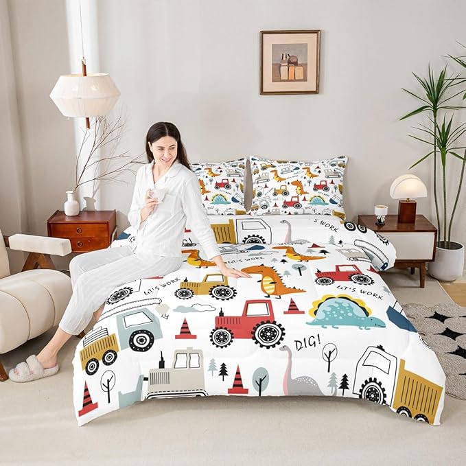 Feelyou Construction Comforter Set Kids Cartoon Dinosaur Comforter Cover Set for Boys Equipment Trucks Bedding Set Construction Vehicles Kawaii Jungle Dino Duvet Set Room Decor Twin With 1 Pillow Case