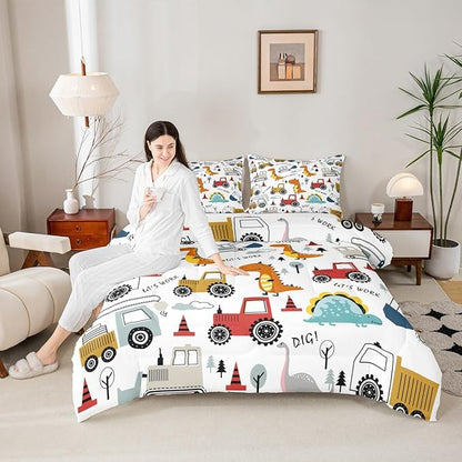 Feelyou Construction Comforter Set Kids Cartoon Dinosaur Comforter Cover Set for Boys Equipment Trucks Bedding Set Construction Vehicles Kawaii Jungle Dino Duvet Set Room Decor Twin With 1 Pillow Case