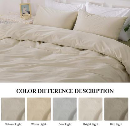 NEXHOME PRO Duvet Cover Set Oversized Queen 98"x98" Linen Feel Textured Cream Grey Organic Natural 100% Washed Cotton Duvet Cover 3 Pieces Bedding Set Zipper Closure, Breathable (No Comforter)