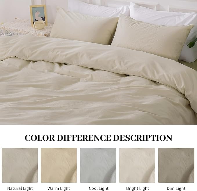 NEXHOME PRO Duvet Cover Set Queen Size Linen Feel Textured Cream Grey Organic Natural 100% Washed Cotton Duvet Cover 3 Pieces Bedding Set with Zipper Closure, Breathable, Soft (No Comforter)