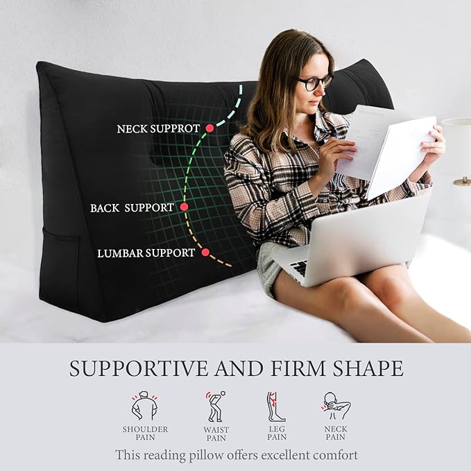 Headboard Pillow - 3 in 1 Large Bed Pillow as Wedge Reading Pillow, Large Couch Daybed Pillow or Positioning Support Backrest Back Cushion for Sitting in Bed Velvet Twin Black