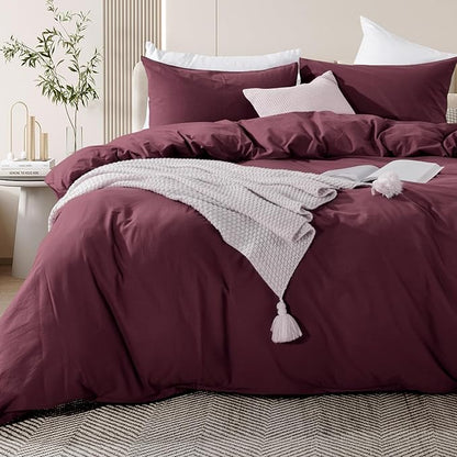 NEXHOME PRO Duvet Cover Set Kids Twin Size Linen Look Textured Organic Natural 100% Washed Cotton Duvet Cover Burgundy Dark Red 2 Pieces Bedding Set with Zipper Closure, Breathable (No Comforter)