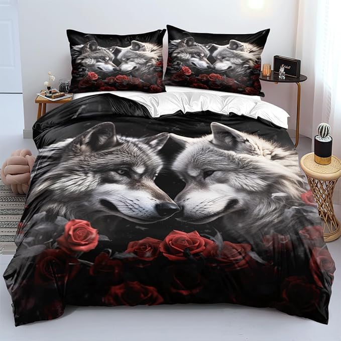 3D Printed Wolf Duvet Cover for Adult Kids Boys Girls Bedroom Indian Dream Catcher Animal Wolf Full Size Comforter Cover Wolves Couple Black Bedding Set,Full
