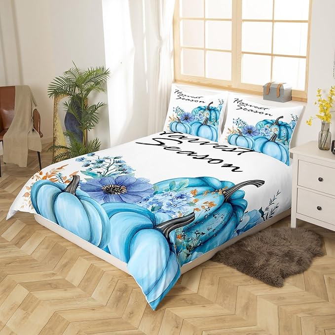 Fall Pumpkin Bedding Set Full Size,Hand Drawn Flowers Plants Duvet Cover 3pcs for Kids Girls Woman Adult Room Decor,Rustic Farmhouse Comforter Cover Watercolor Blue Purple Quilt Cover,2 Pillowcases